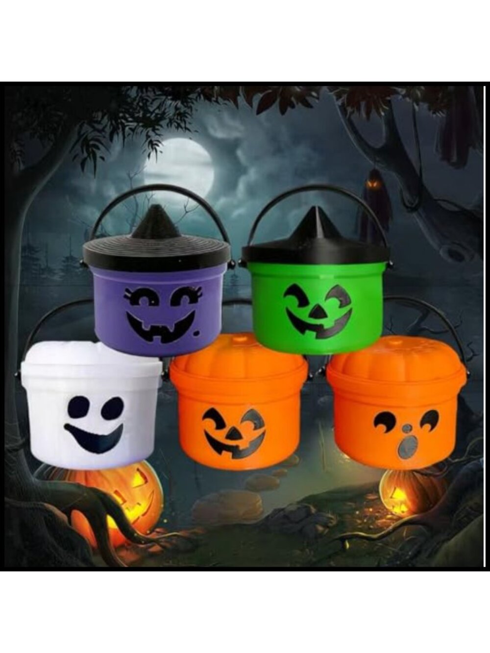 5PCS Halloween Mini Figurines Bucket Set Plastic Candy Bowl Handles
